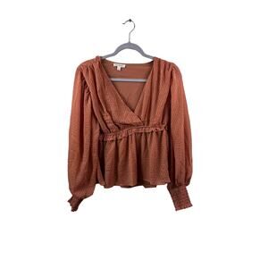 Blu Pepper V-Neck Long Sleeve Rust Orange Peplum Top Size Large